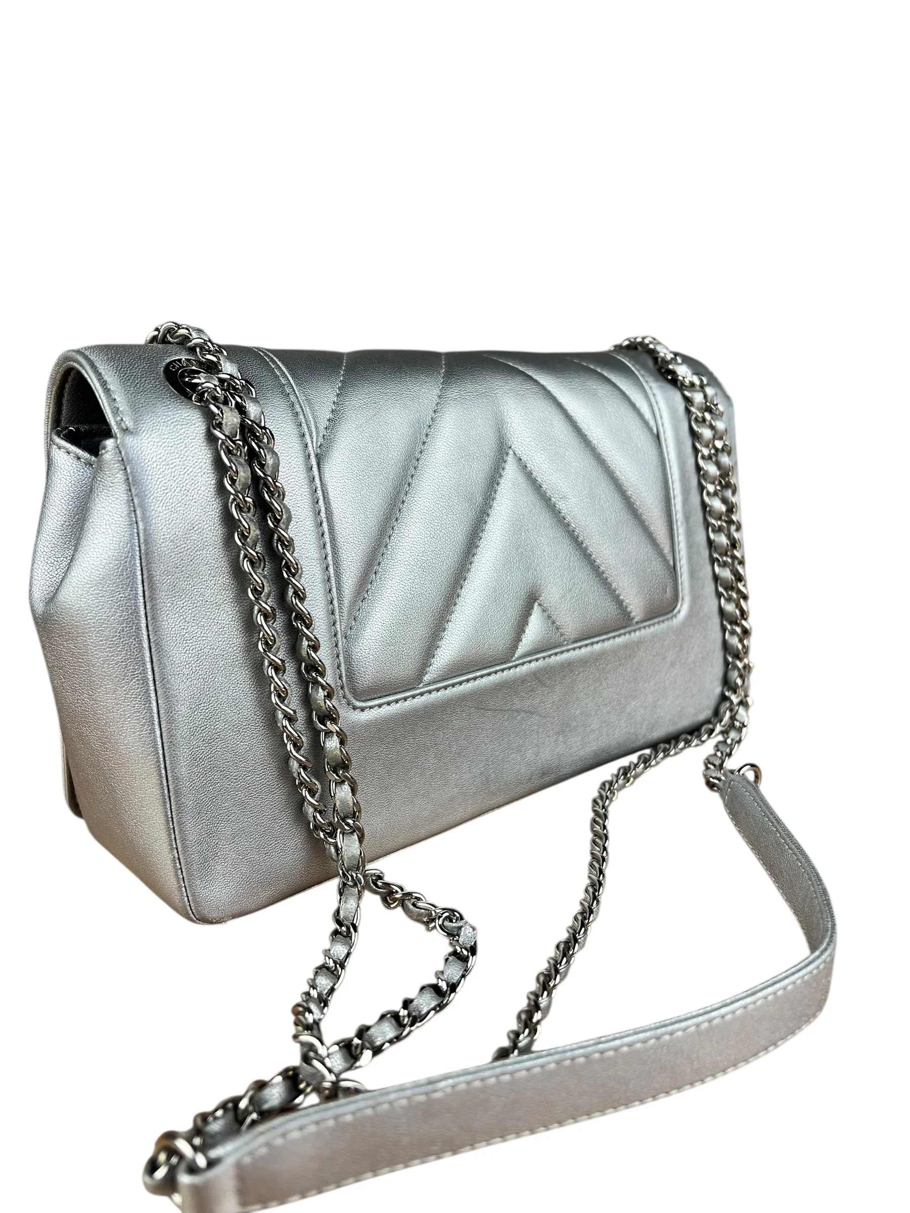 Chanel 2017 Mademoiselle Silver Chevron Single Flap - Image 12