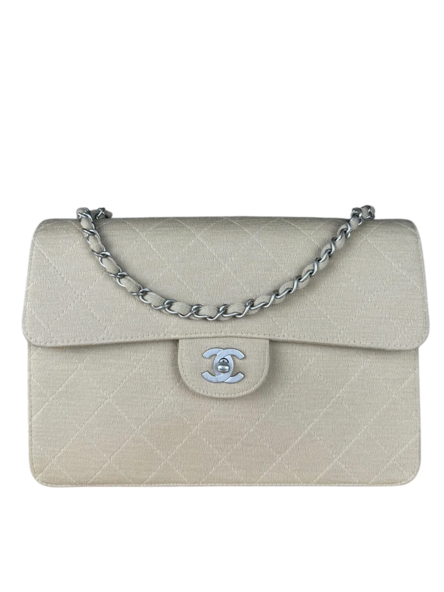 Chanel Beige Quilted Jersey Chain Flap Bag 1998
