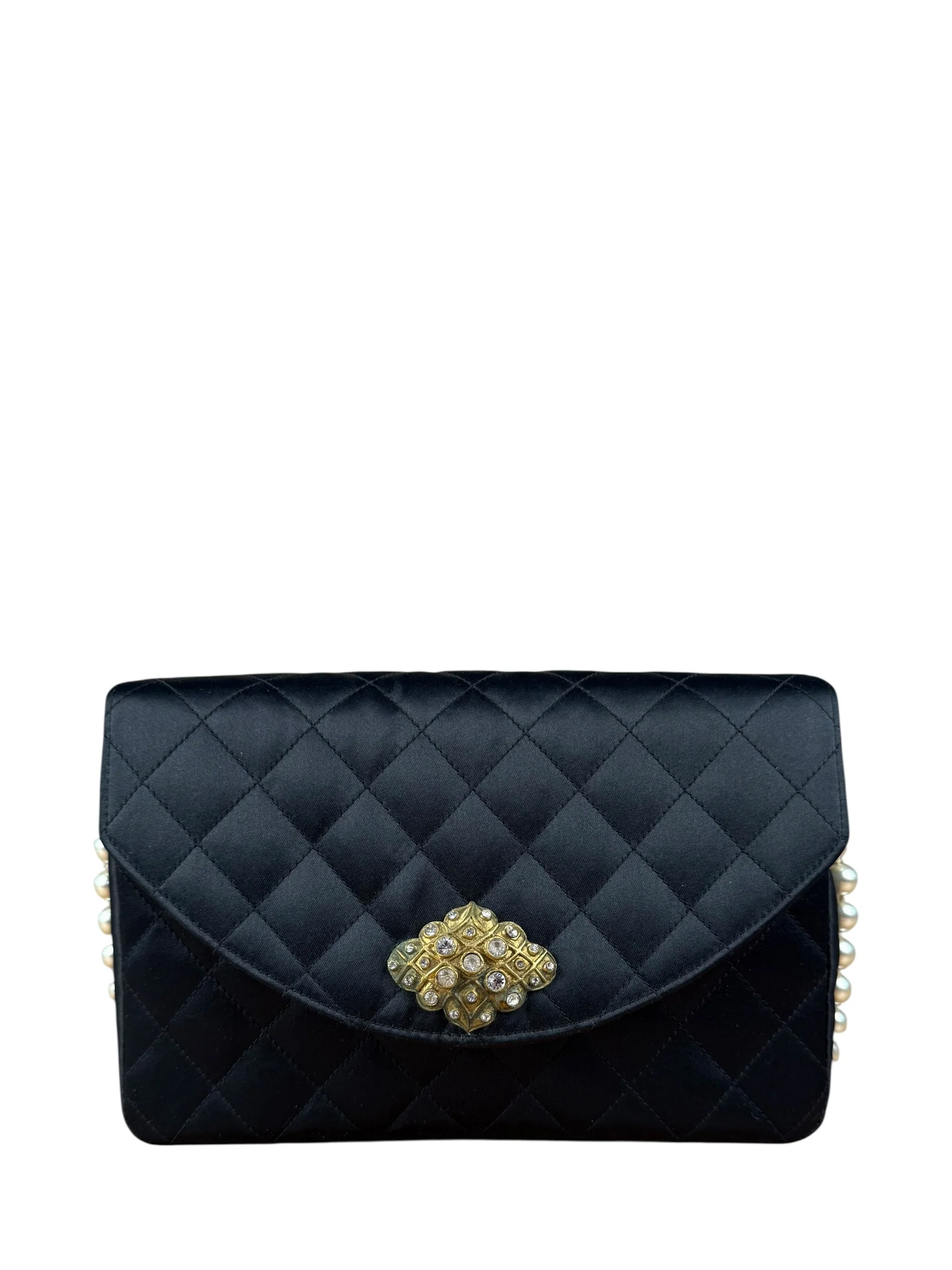 Chanel Black Quilted Satin Gripoix Pearl Flap Bag 1986
