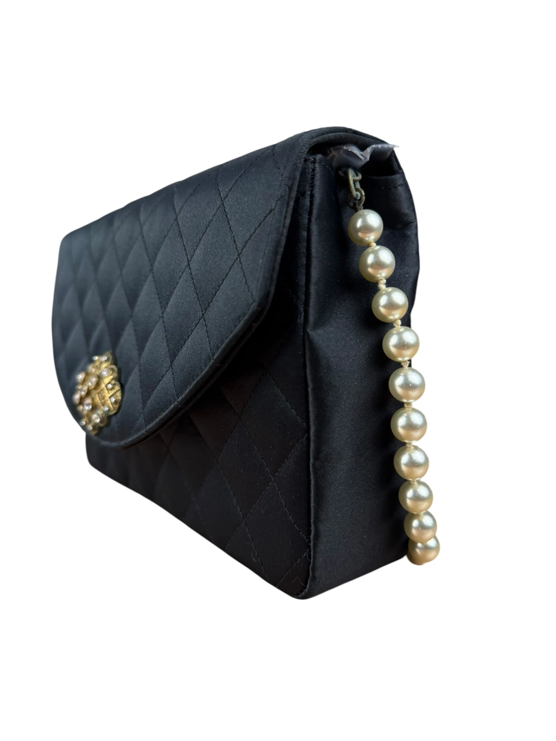 Chanel Black Quilted Satin Gripoix Pearl Flap Bag 1986 - Image 4