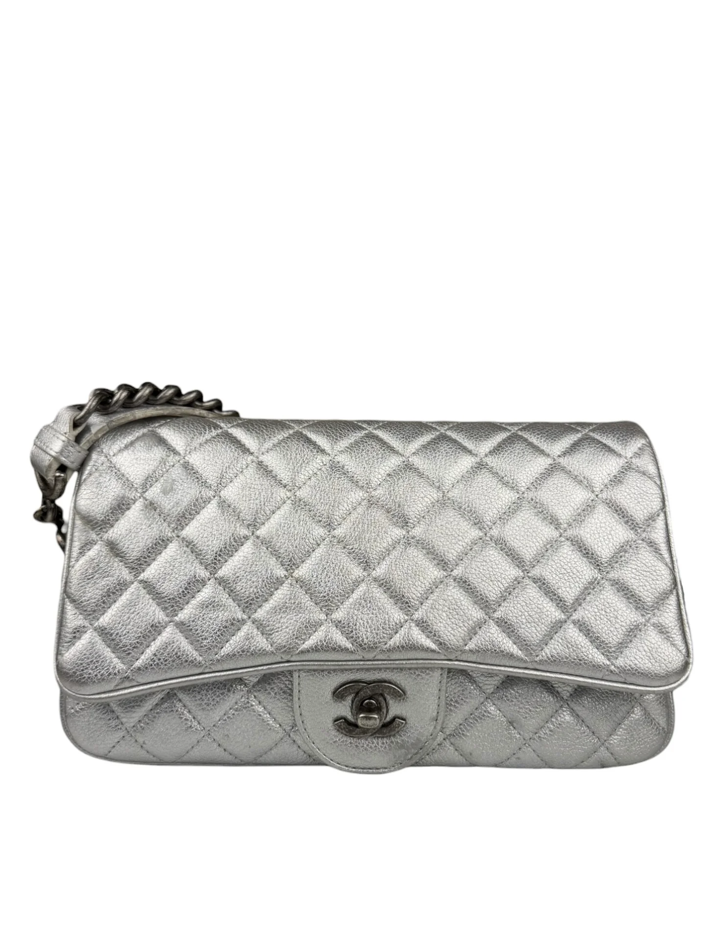 Chanel CC Silver Metallic Quilted Flap Shoulder Bag 2017