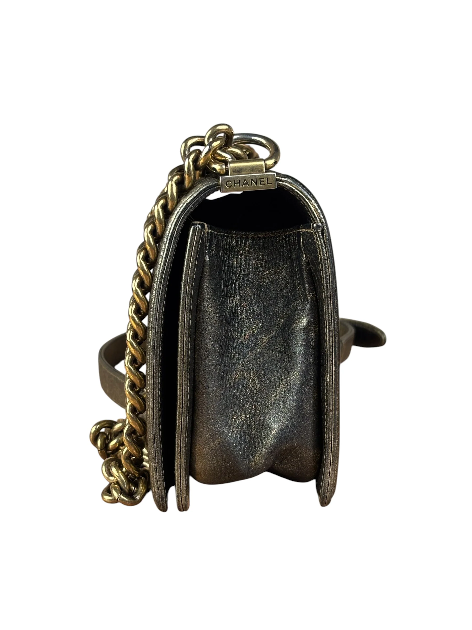 Chanel Metallic Dark Bronze Leather Old Medium Boy Flap Shoulder Bag - Image 11