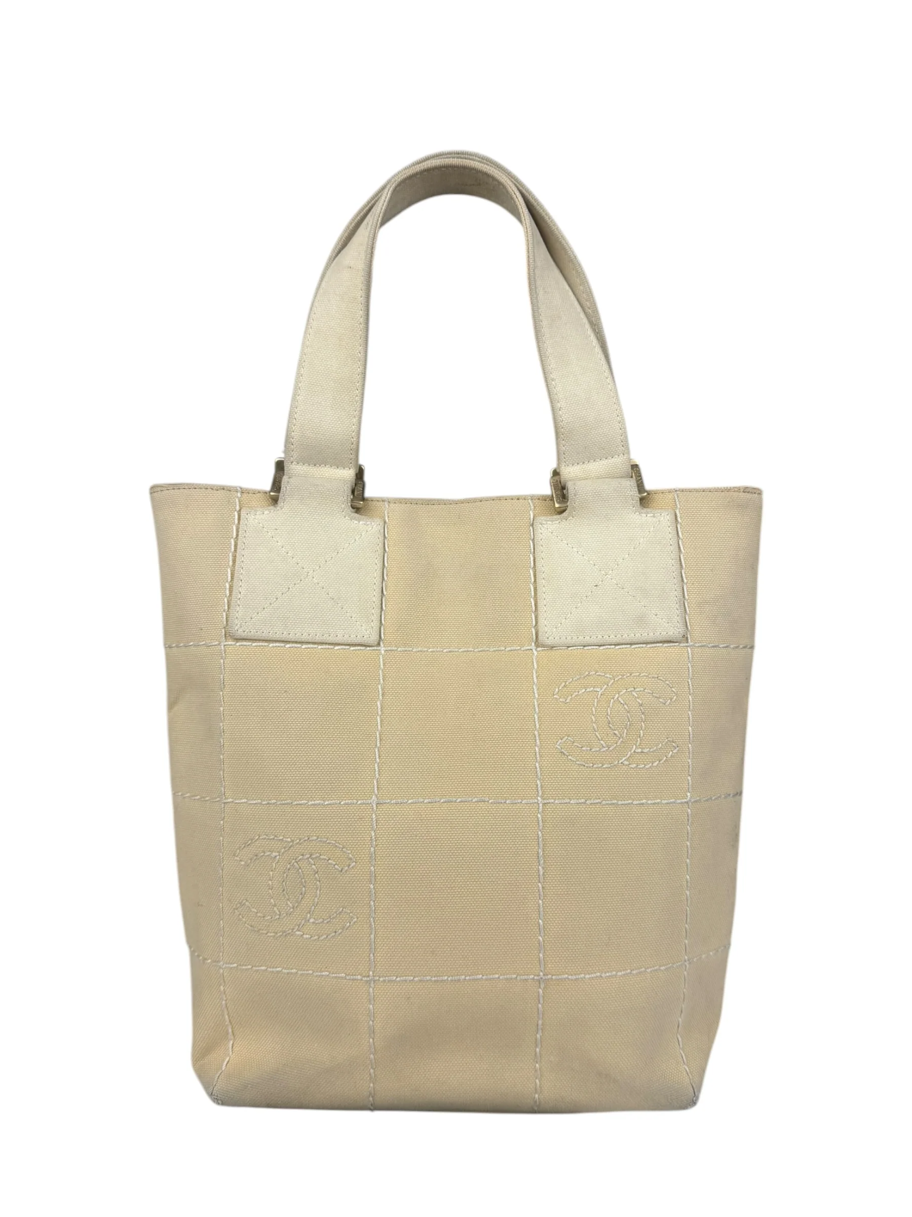Chanel Vintage Beige Canvas Quilted Chocolate Bar Tote 2003