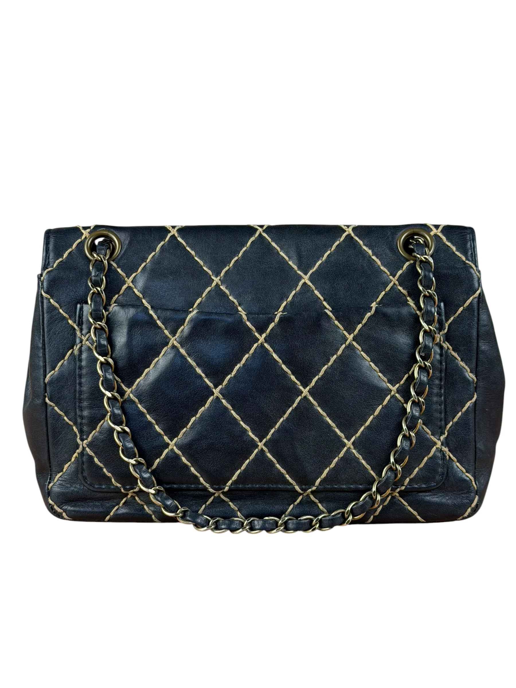 Chanel Vintage Navy Blue Leather Wild Stitch Surpique Flap Bag 2001 - Image 6