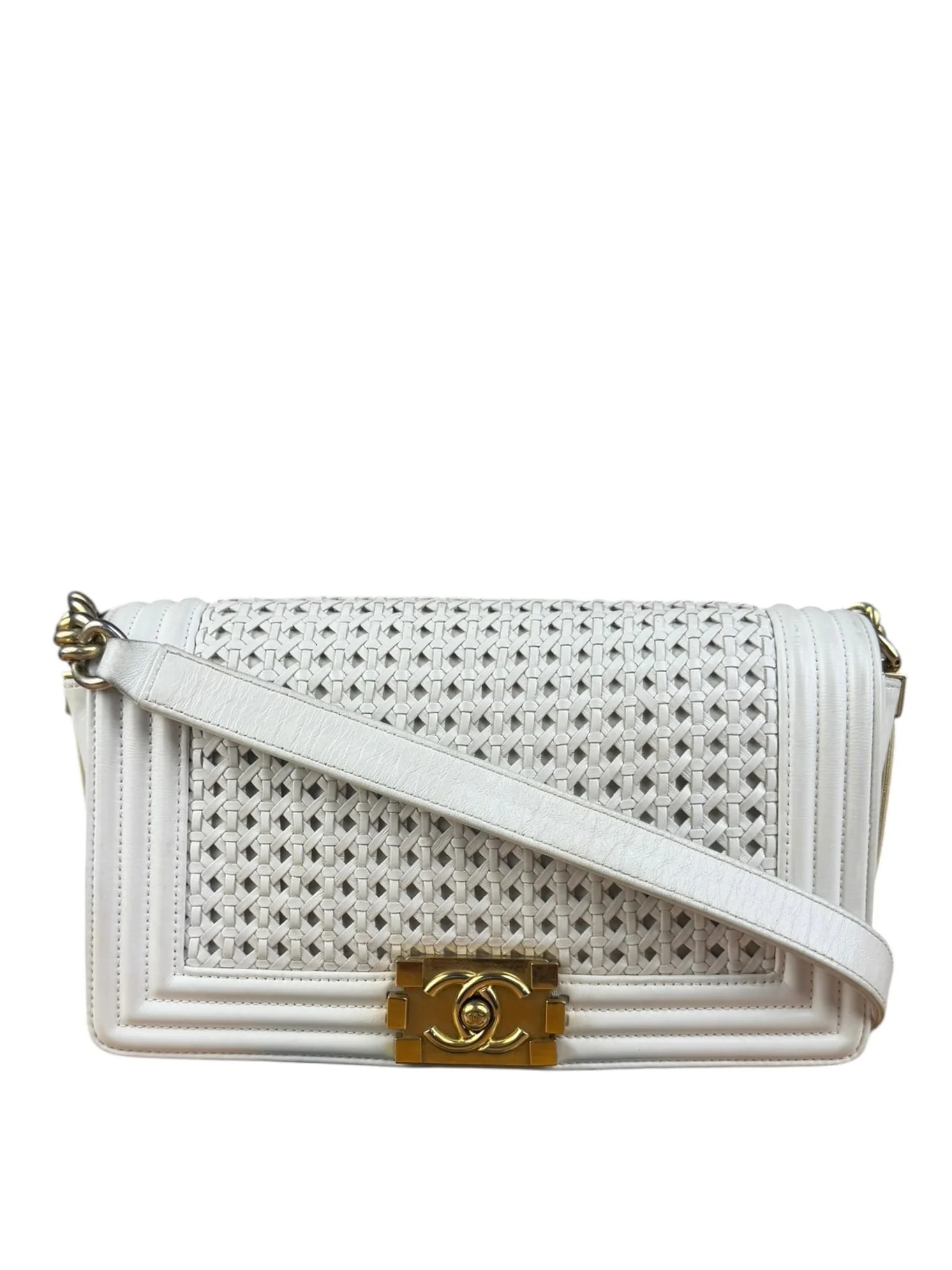 Chanel Vintage White Leather Braided Boy Shoulder Bag 1989
