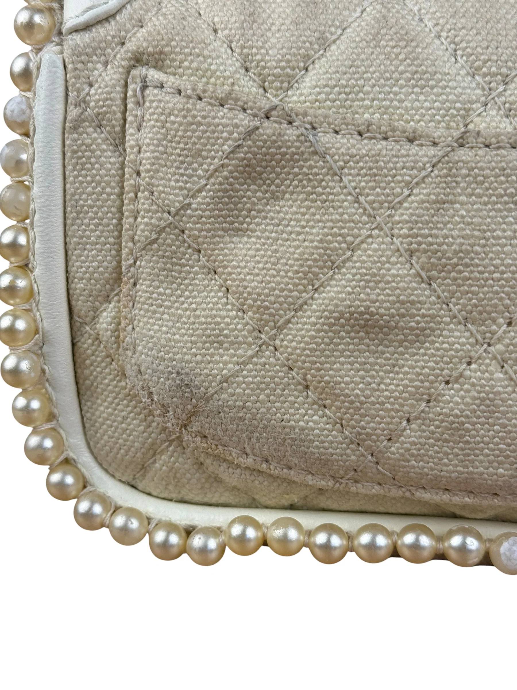 Chanel White Leather/Canvas Pearl Crossbody Flap 2003 - Image 19