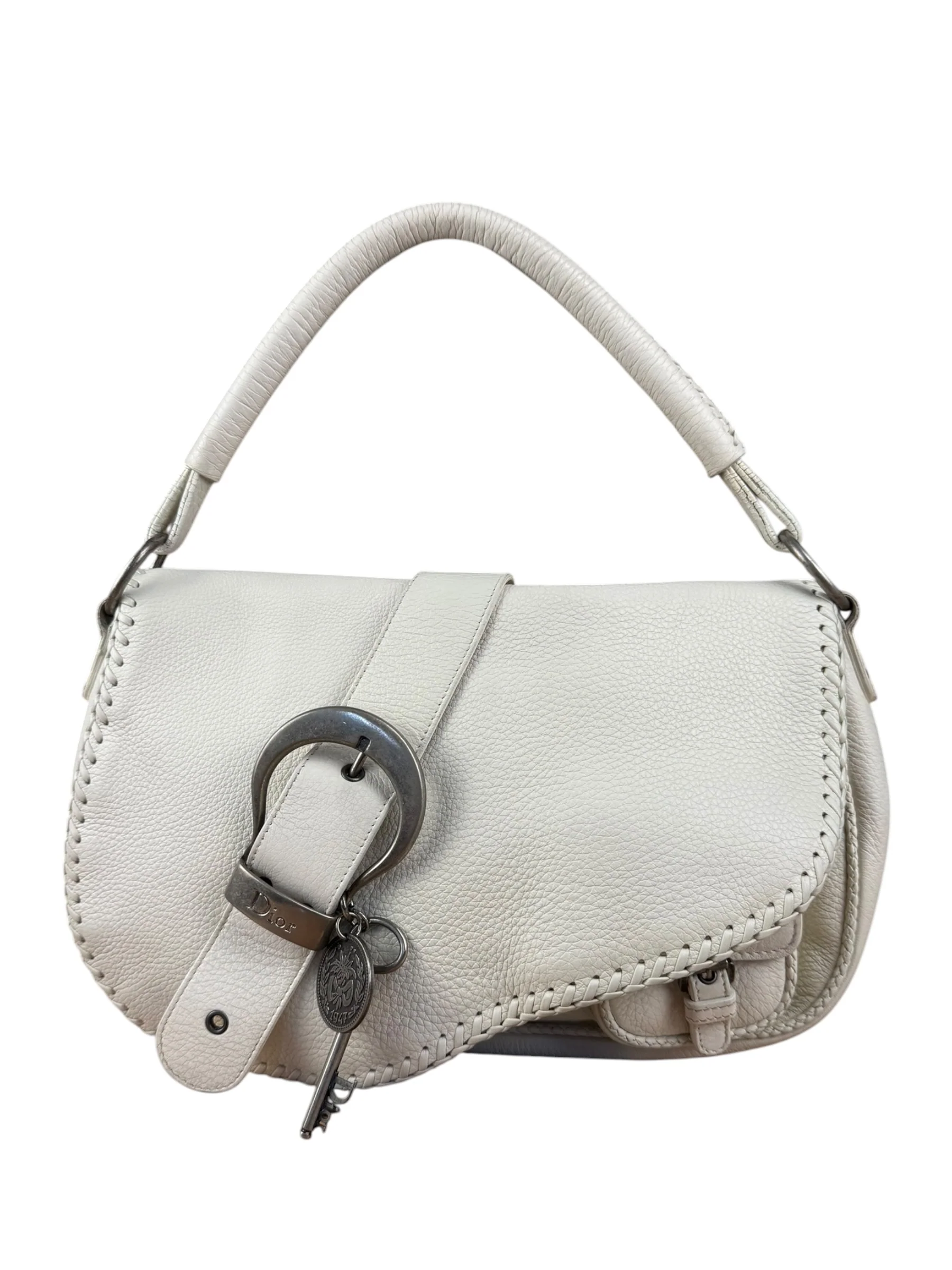 Christian Dior White Leather Gaucho Double Saddle Shoulder Bag