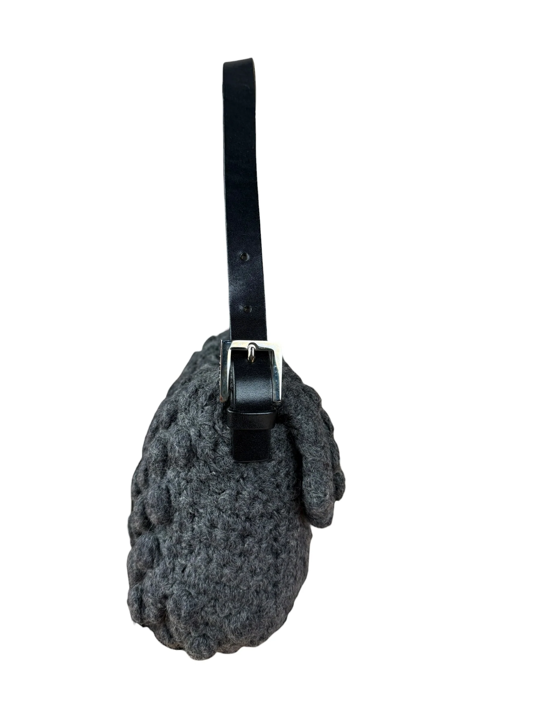 Fendi Grey Wool Crochet FF Baguette Shoulder Bag - Image 6