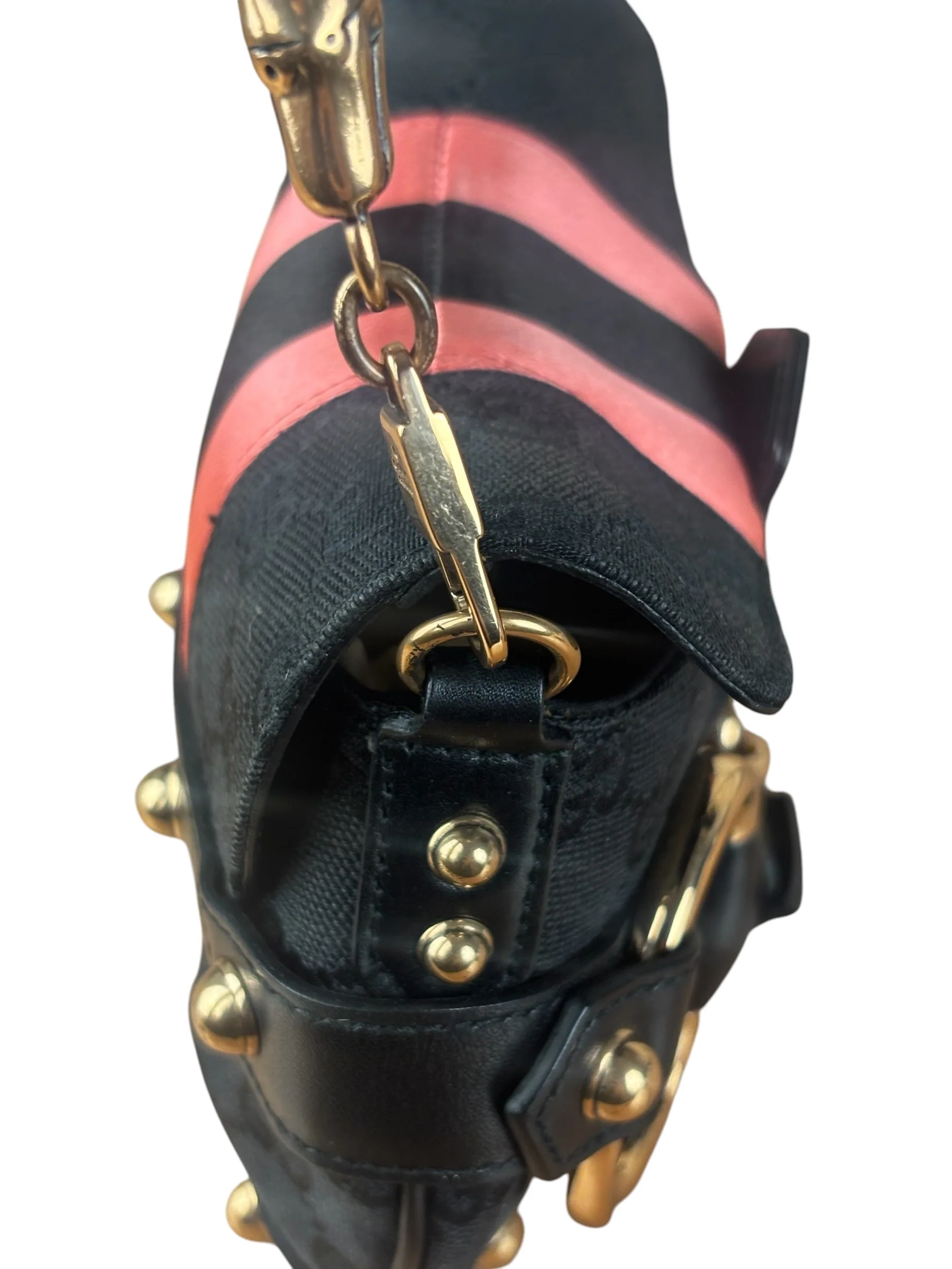 Gucci GG Black/Pink Canvas Horsebit Chain Shoulder Bag - Image 14