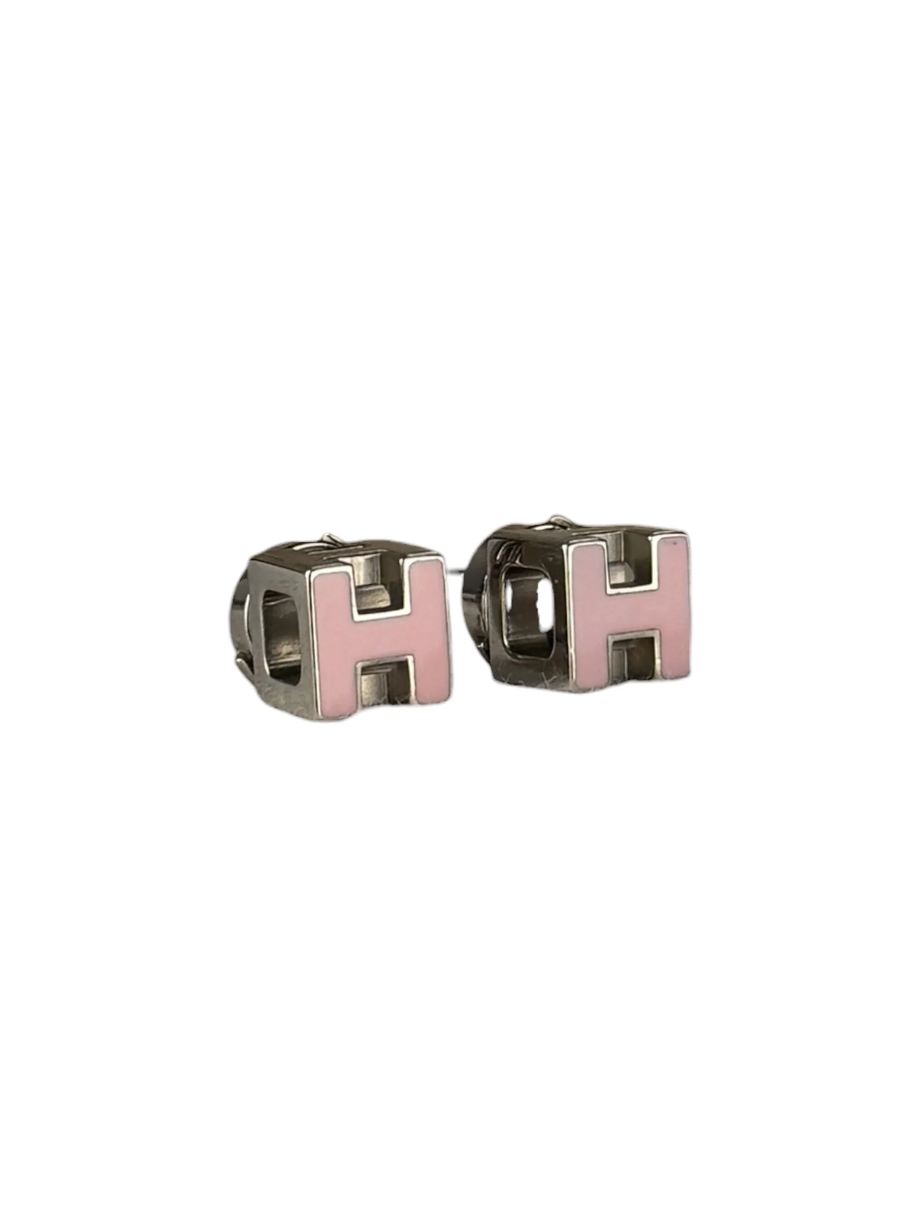 Hermes Silver Pink H Studded Earrings - Image 3