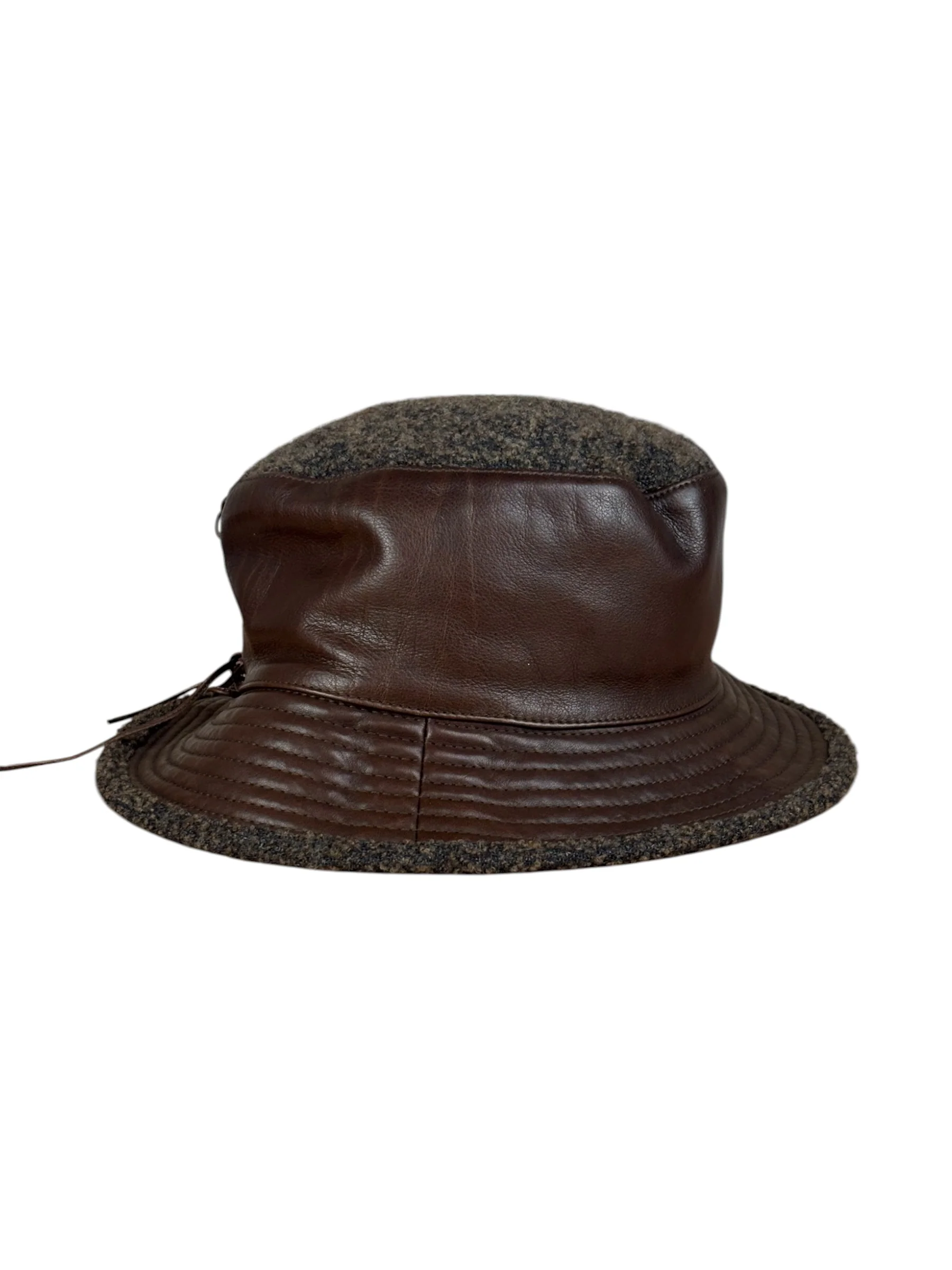 Hermes Vintage Brown Leather-Trimmed Motsch Bucket Hat - Image 4