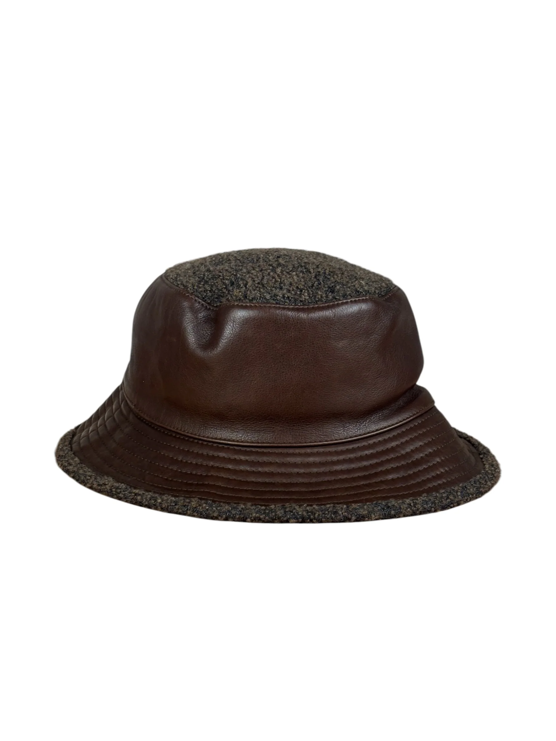 Hermes Vintage Brown Leather-Trimmed Motsch Bucket Hat - Image 5