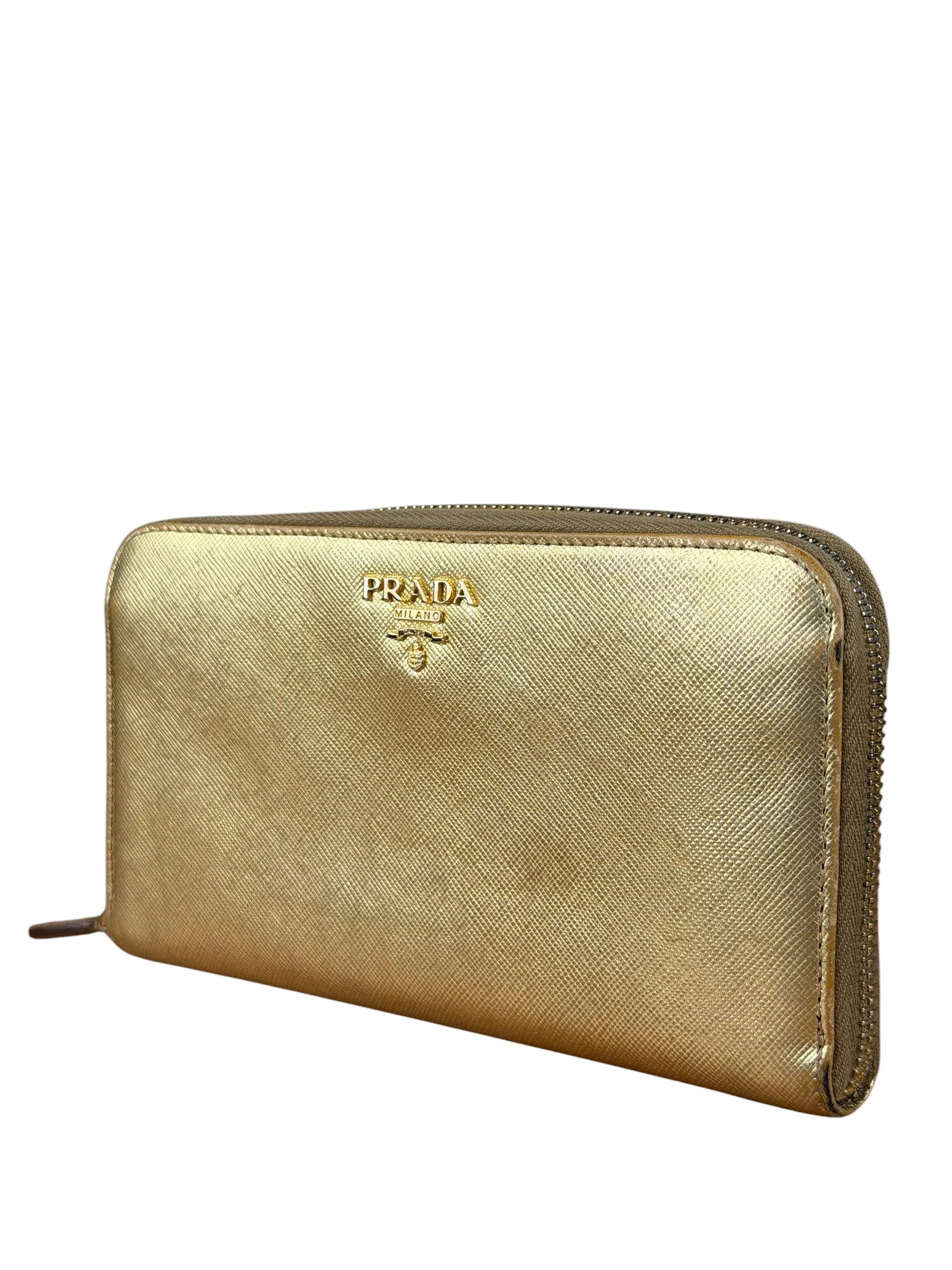 Prada Metallic Gold Saffiano Leather Zip-Around Wallet - Image 3