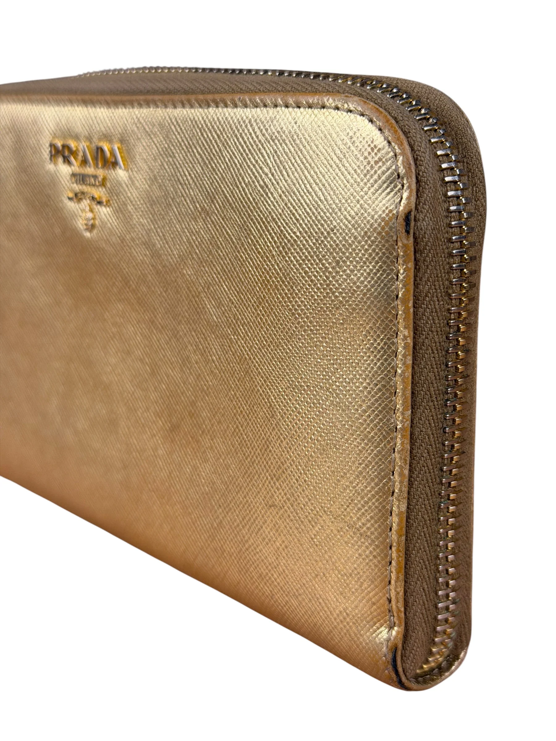 Prada Metallic Gold Saffiano Leather Zip-Around Wallet - Image 8