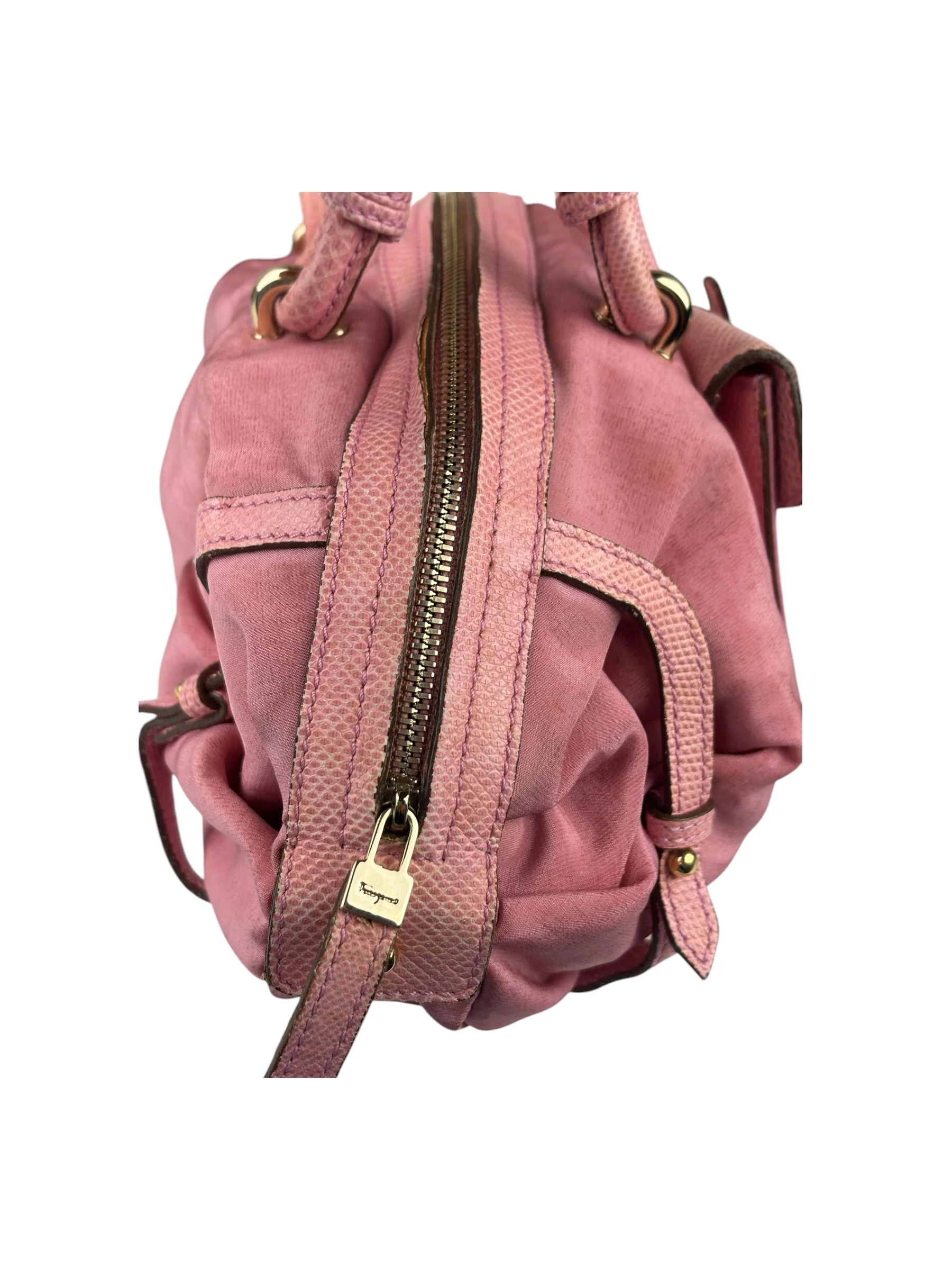 Salvatore Ferragamo Pink Nylon/Leather Bowler Bag - Image 9